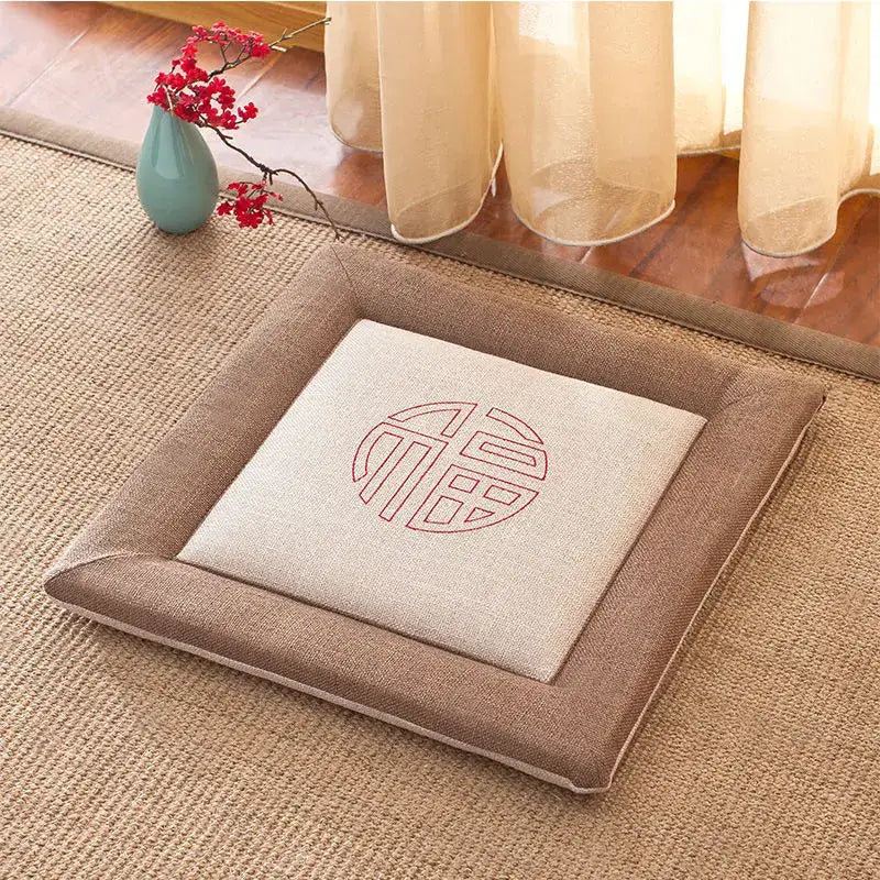 Beige and brown decorbites linen seat cushion with embroidered red chinese character non slip linen seat cushion