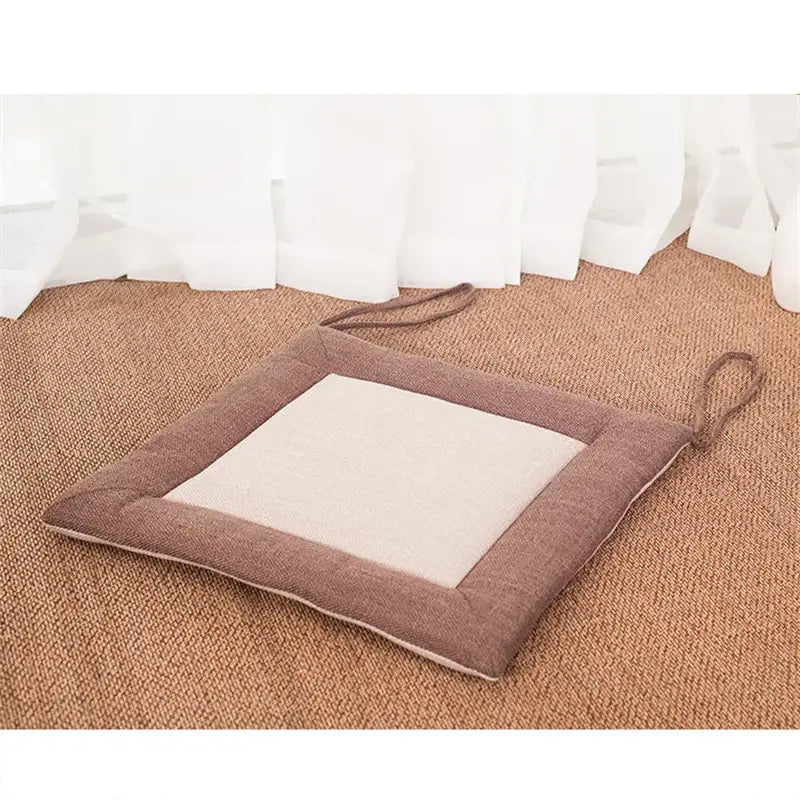 Square beige and brown decorbites linen seat cushion with non-slip texture and fabric loops for dining room chairs
