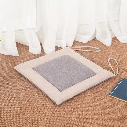 Beige and brown decorbites linen seat cushion with gray textured center and drawstrings for dining room chair use