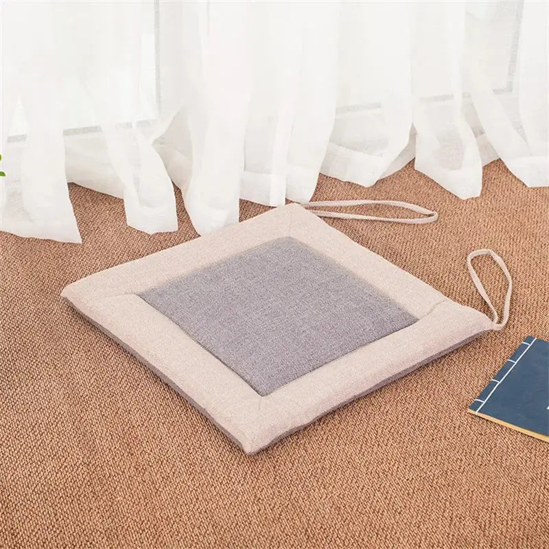 Beige and brown decorbites linen seat cushion with gray textured center and drawstrings for dining room chair use