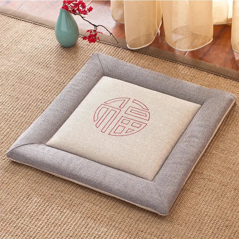 Gray and beige decorbites linen seat cushion with red embroidered chinese characters non-slip dining room pad