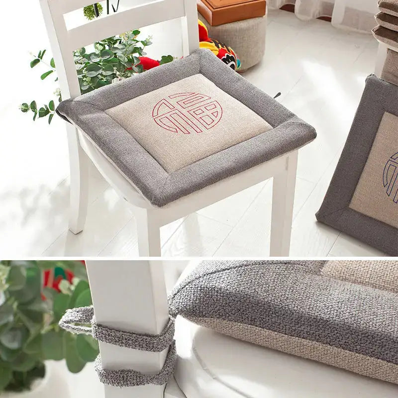 Beige and brown non-slip decorbites linen seat cushion with gray cushioned pad and embroidered red chinese character design