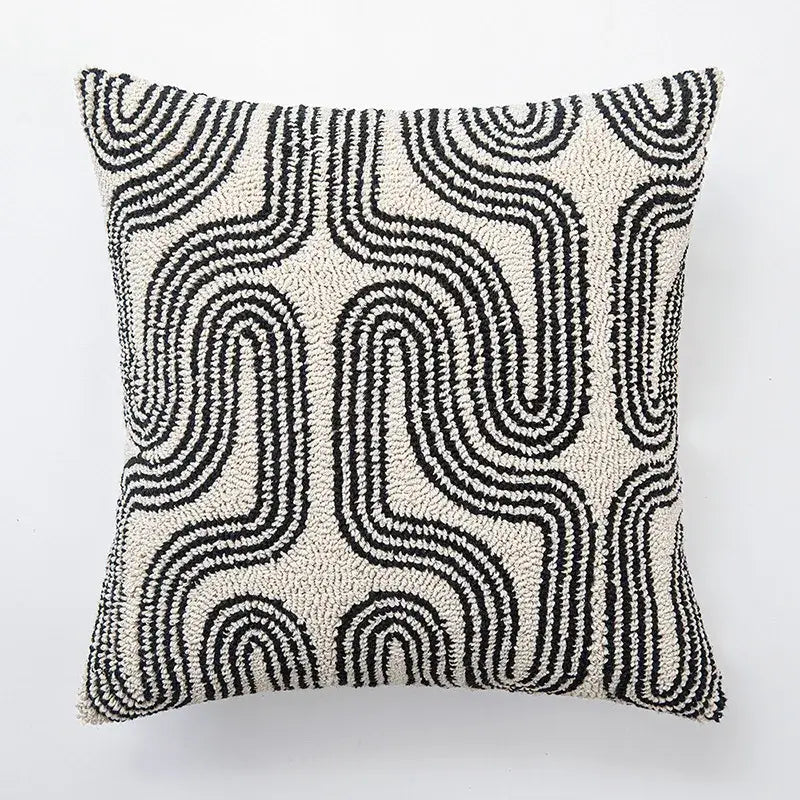 Beige and brown striped geometric line art cushion cover with bold black wavy looped yarn design for living room decorbites geometric line