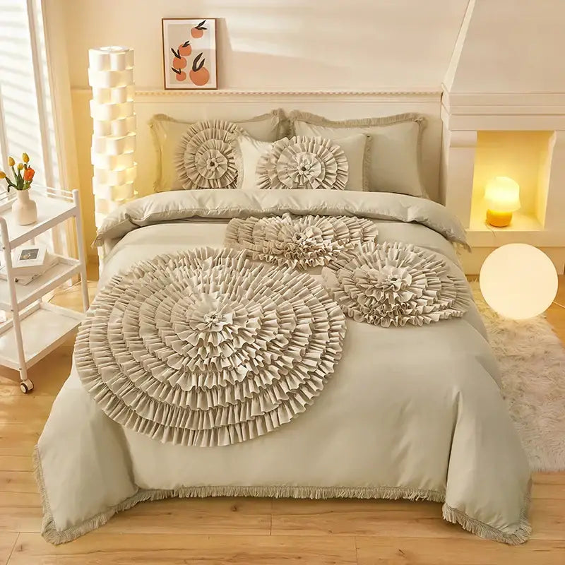 Beige brushed cotton flower embroidery bedding set with ruffled decor and layered circular floral designs and fringed edges