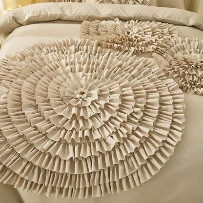 Beige brushed cotton flower embroidery bedding set with ruffled floral decor and cascading fabric petals