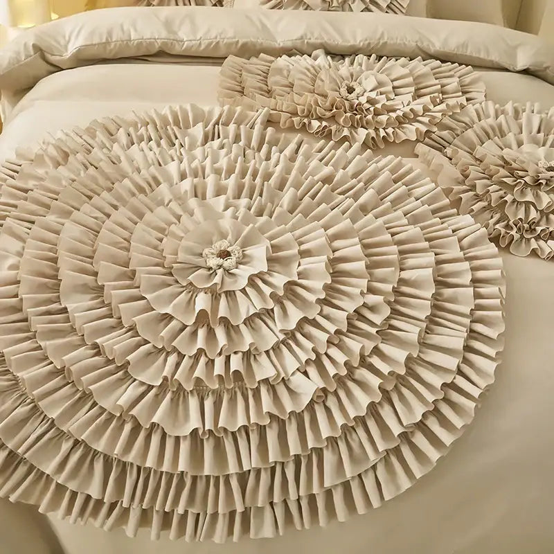 Beige brushed cotton flower embroidery bedding set with ruffled floral decor and cascading fabric petals