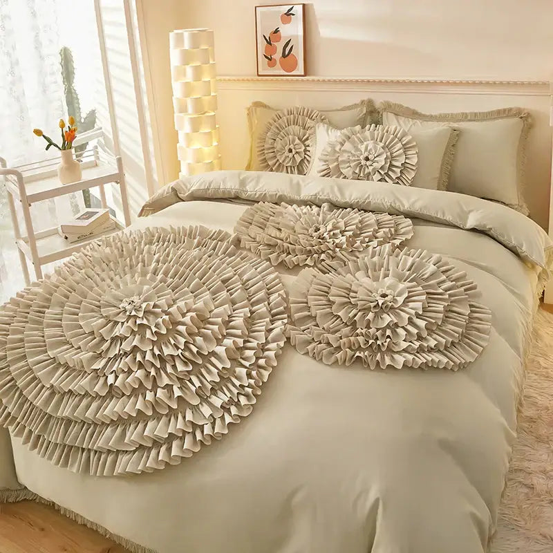 Beige brushed cotton flower embroidery bedding set featuring ruffled decor and layered fabric petals with pillow shams
