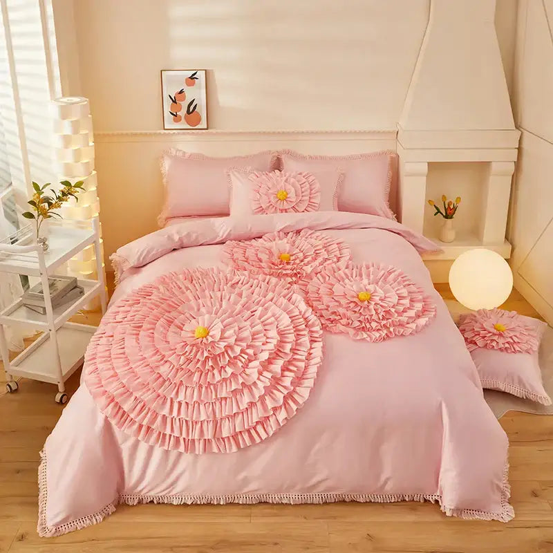 Pink ruffled floral bedding set with layered petal designs and yellow centers made from decorbites brushed cotton flower material
