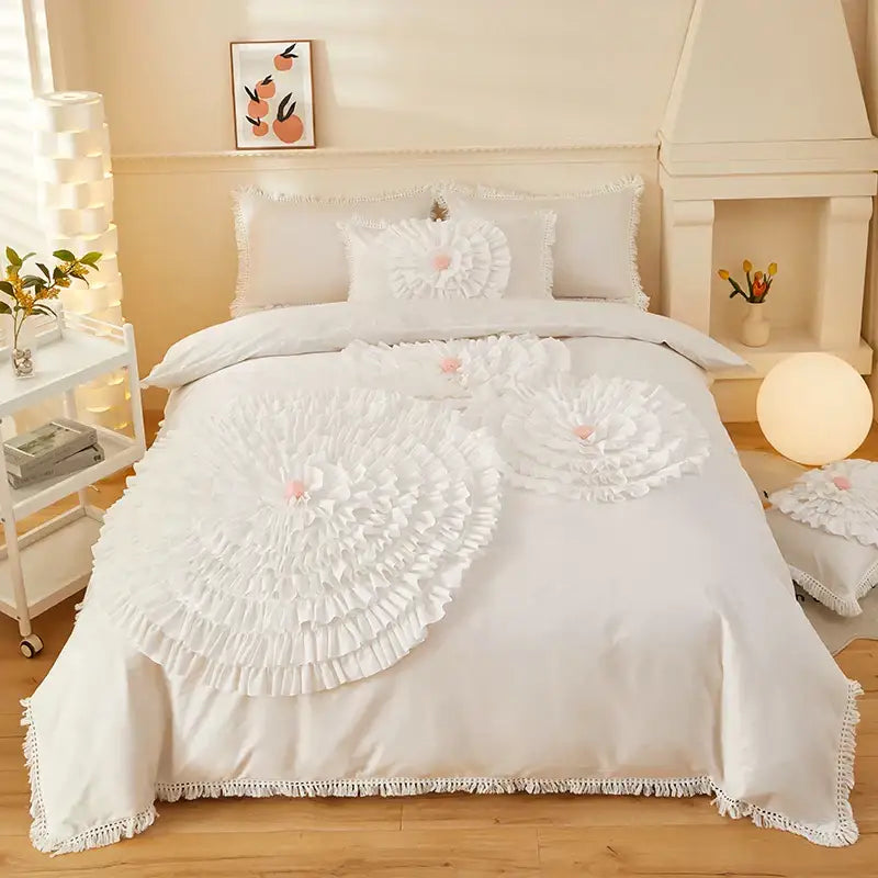 Beige brushed cotton flower embroidery bedding set with white ruffled floral design and delicate pink centers decorbites brushed cotton
