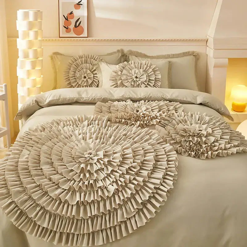Beige brushed cotton flower bedding set with ruffled decor and layered fabric petals for elegant bedroom decor