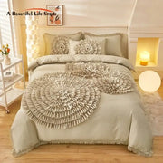 Beige brushed cotton flower embroidery bedding set with ruffled decor and layered floral designs with fringe detailing