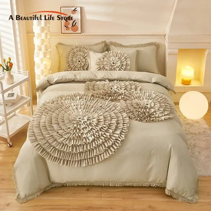 Beige brushed cotton flower embroidery bedding set with ruffled decor and layered floral designs with fringe detailing