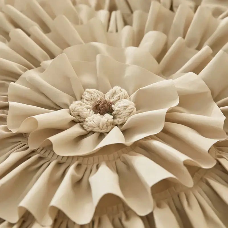Beige brushed cotton flower with ruffled petals and crocheted center on decorbites bedding set decor