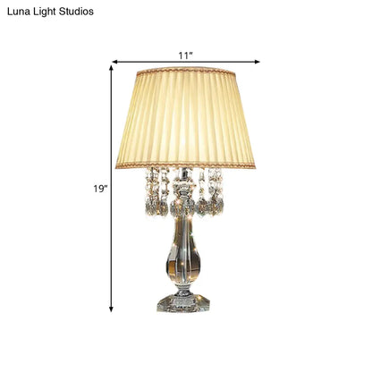 Beige/Burgundy/Sky Blue Traditional Nightstand Lamp with Crystal Beads and Bell/Pleated Shade for Bedroom