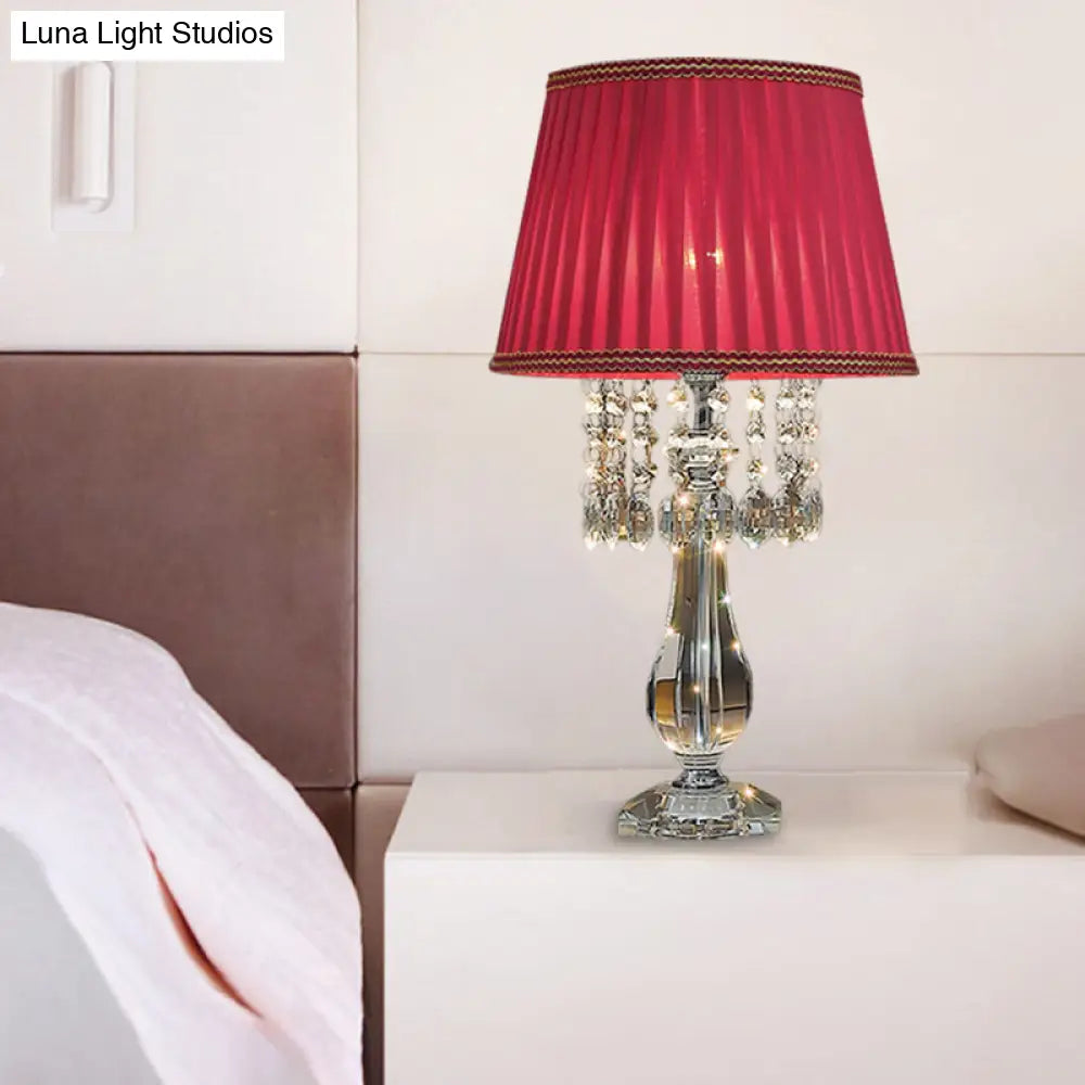 Beige/Burgundy/Sky Blue Traditional Nightstand Lamp with Crystal Beads and Bell/Pleated Shade for Bedroom