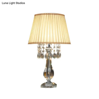 Beige/Burgundy/Sky Blue Traditional Nightstand Lamp with Crystal Beads and Bell/Pleated Shade for Bedroom