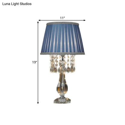 Beige/Burgundy/Sky Blue Traditional Nightstand Lamp with Crystal Beads and Bell/Pleated Shade for Bedroom