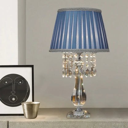 Beige/Burgundy/Sky Blue Traditional Nightstand Lamp with Crystal Beads and Bell/Pleated Shade for Bedroom