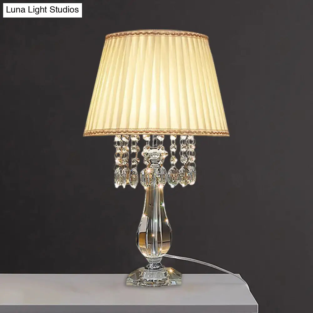 Beige/Burgundy/Sky Blue Traditional Nightstand Lamp with Crystal Beads and Bell/Pleated Shade for Bedroom