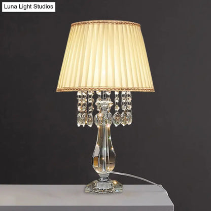 Beige/Burgundy/Sky Blue Traditional Nightstand Lamp with Crystal Beads and Bell/Pleated Shade for Bedroom