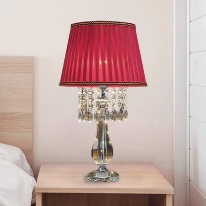 Beige/Burgundy/Sky Blue Traditional Nightstand Lamp with Crystal Beads and Bell/Pleated Shade for Bedroom