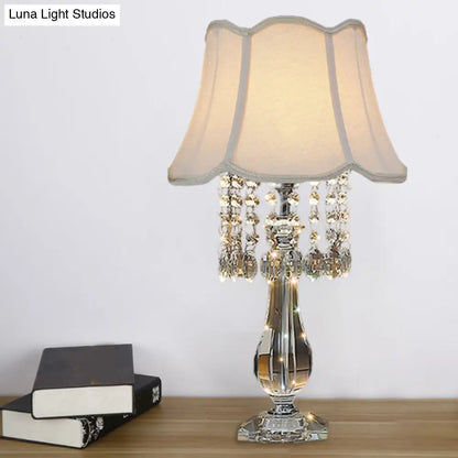 Beige/Burgundy/Sky Blue Traditional Nightstand Lamp with Crystal Beads and Bell/Pleated Shade for Bedroom