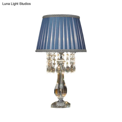 Beige/Burgundy/Sky Blue Traditional Nightstand Lamp with Crystal Beads and Bell/Pleated Shade for Bedroom