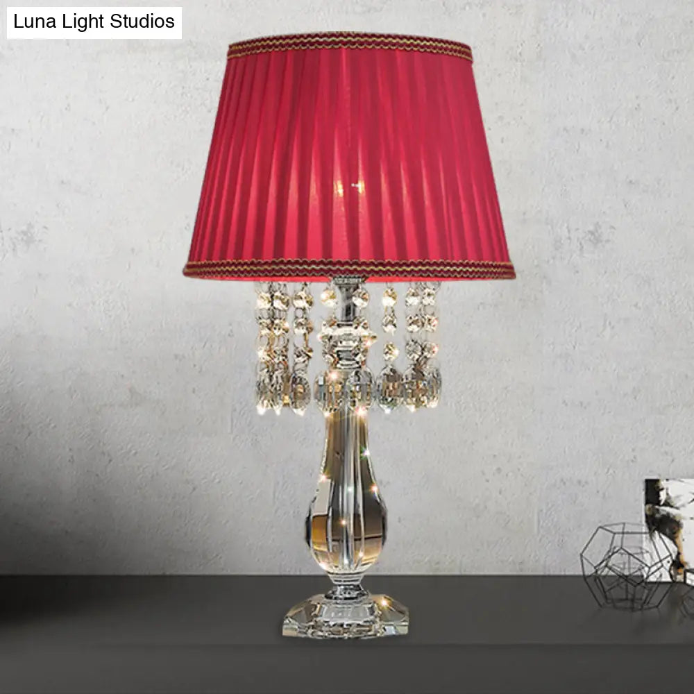 Beige/Burgundy/Sky Blue Traditional Nightstand Lamp with Crystal Beads and Bell/Pleated Shade for Bedroom