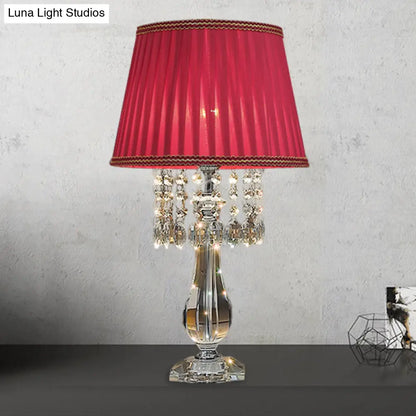 Beige/Burgundy/Sky Blue Traditional Nightstand Lamp with Crystal Beads and Bell/Pleated Shade for Bedroom