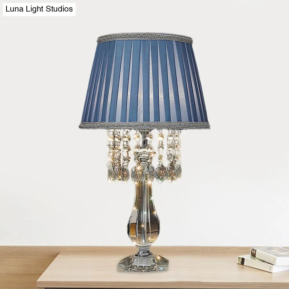 Beige/Burgundy/Sky Blue Traditional Nightstand Lamp with Crystal Beads and Bell/Pleated Shade for Bedroom