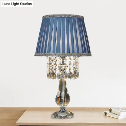 Beige/Burgundy/Sky Blue Traditional Nightstand Lamp with Crystal Beads and Bell/Pleated Shade for Bedroom