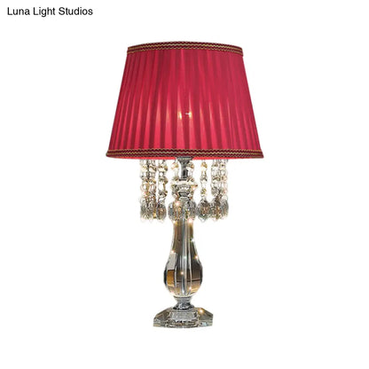 Beige/Burgundy/Sky Blue Traditional Nightstand Lamp with Crystal Beads and Bell/Pleated Shade for Bedroom