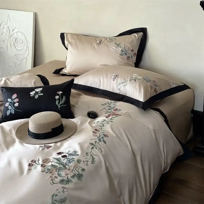 Beige butterfly flowers bedding set with intricate floral embroidery and black trim made from decorbites 1000tc cotton