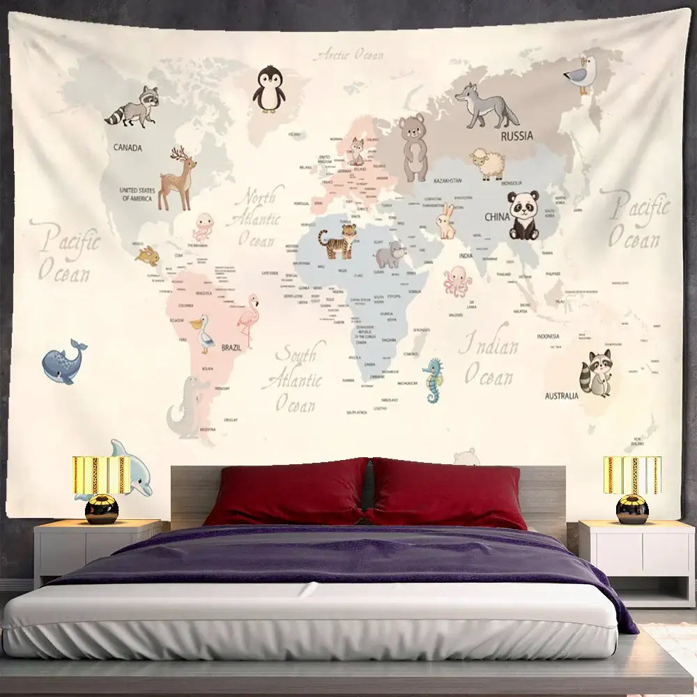 Beige cartoon animals map tapestry featuring whimsical cream-colored world map and ocean labels for children’s room decorbites cartoon animals decor