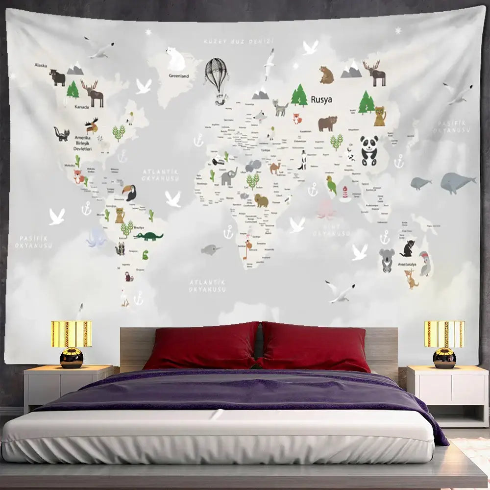 Beige cartoon animals map tapestry with whimsical light gray design for children’s room decor by decorbites cartoon animals