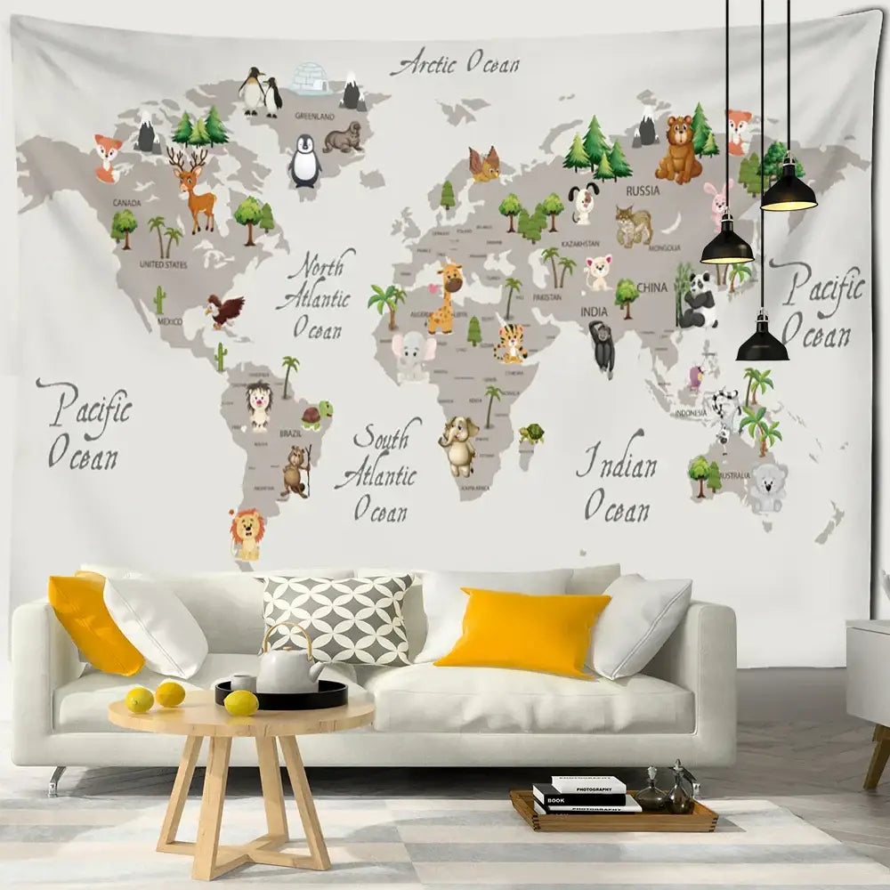 Beige cartoon animals map tapestry featuring whimsical gray world map with playful decorbites cartoon animals for kids room