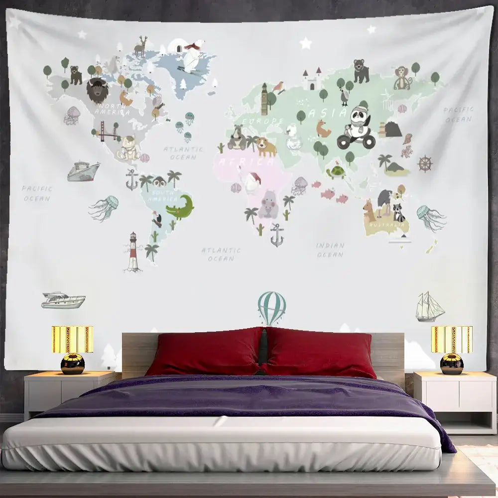 Beige cartoon animals map tapestry featuring decorbites cartoon animals in soft pastels for children’s room wall decor above bed