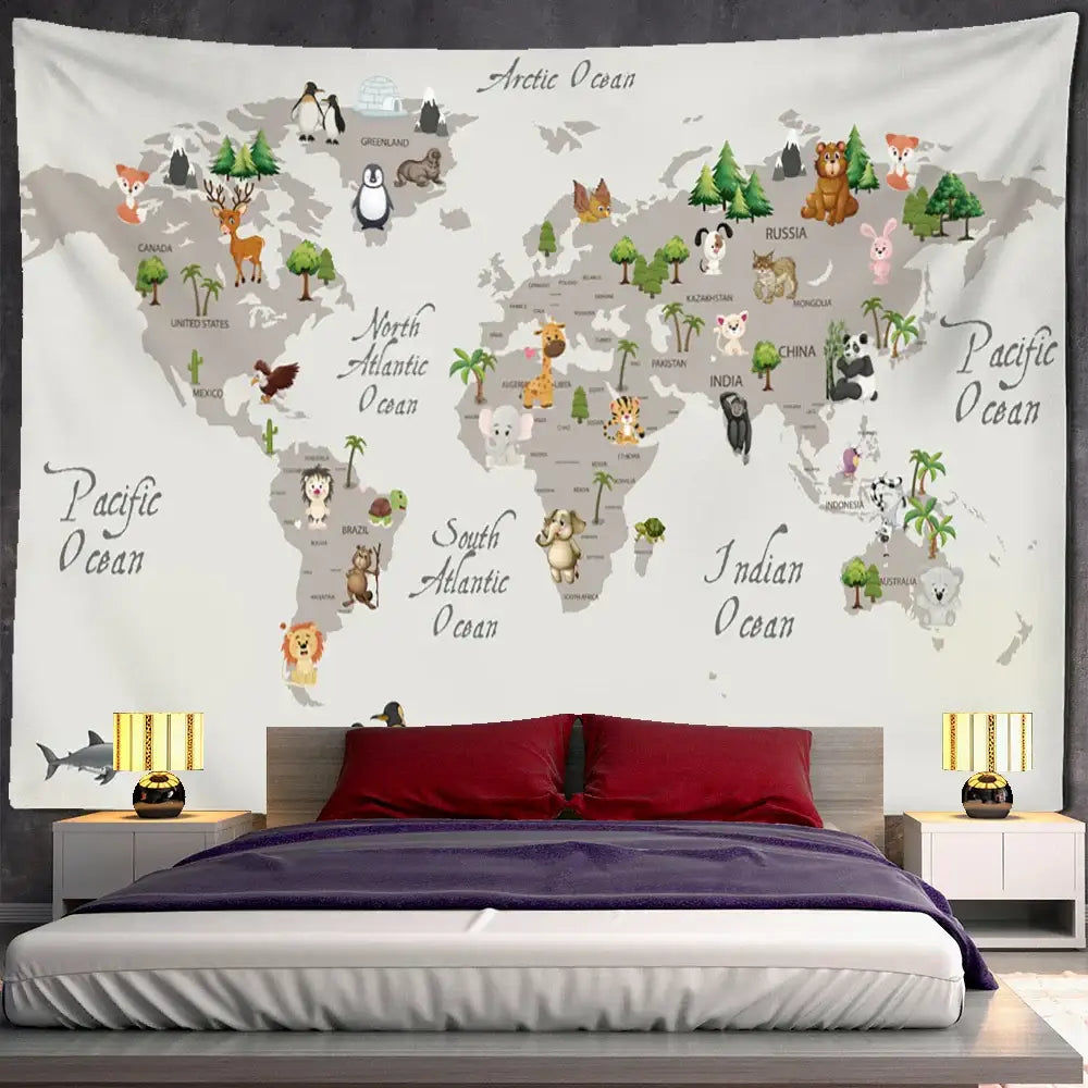 Beige cartoon animals map tapestry with whimsical ocean labels on light gray background for children’s room decorbites decor