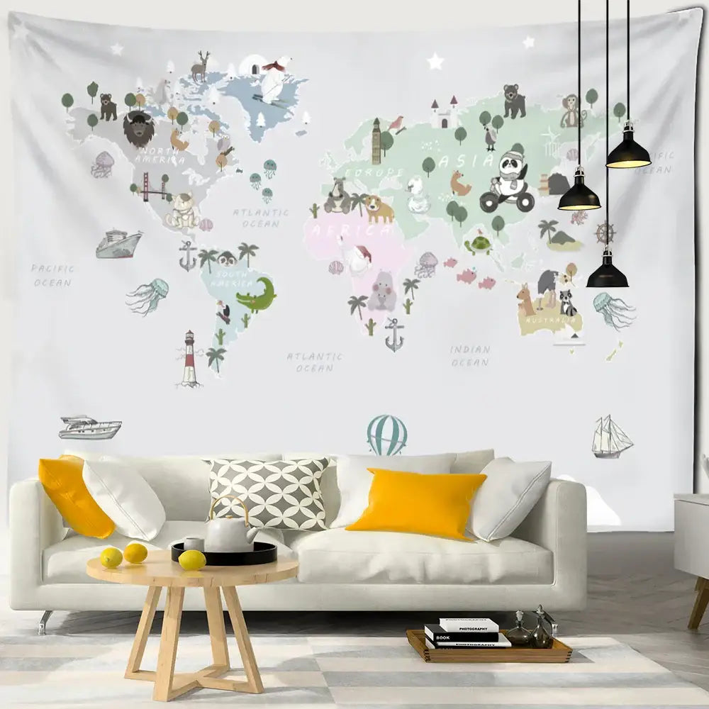 Beige cartoon animals map tapestry with pastel whimsical world map decorbites cartoon animals for children’s room decor