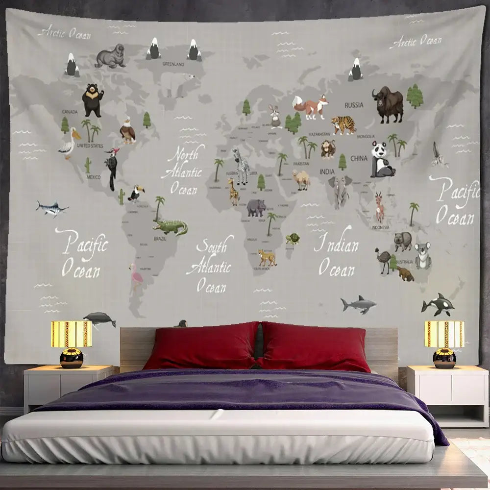Beige cartoon animals map tapestry featuring gray world map with illustrated animals and ocean labels for children decorbites cartoon animals decor
