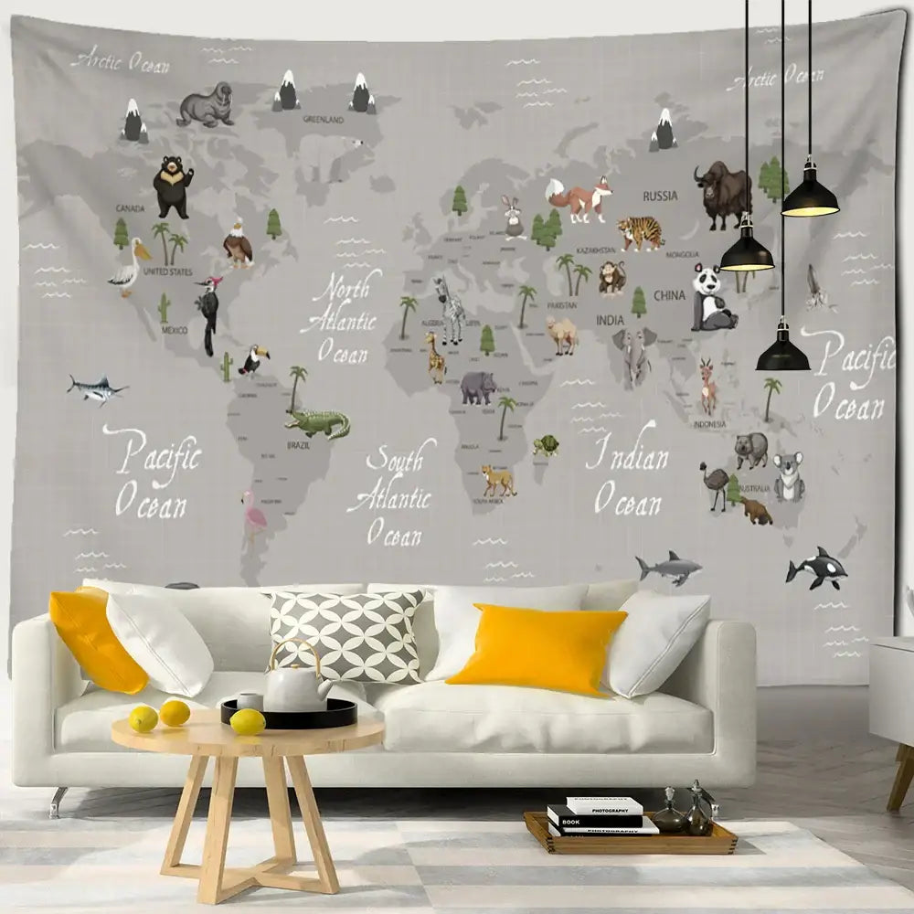 Beige cartoon animals map tapestry featuring gray world map with ocean labels for children’s room decor by decorbites cartoon animals