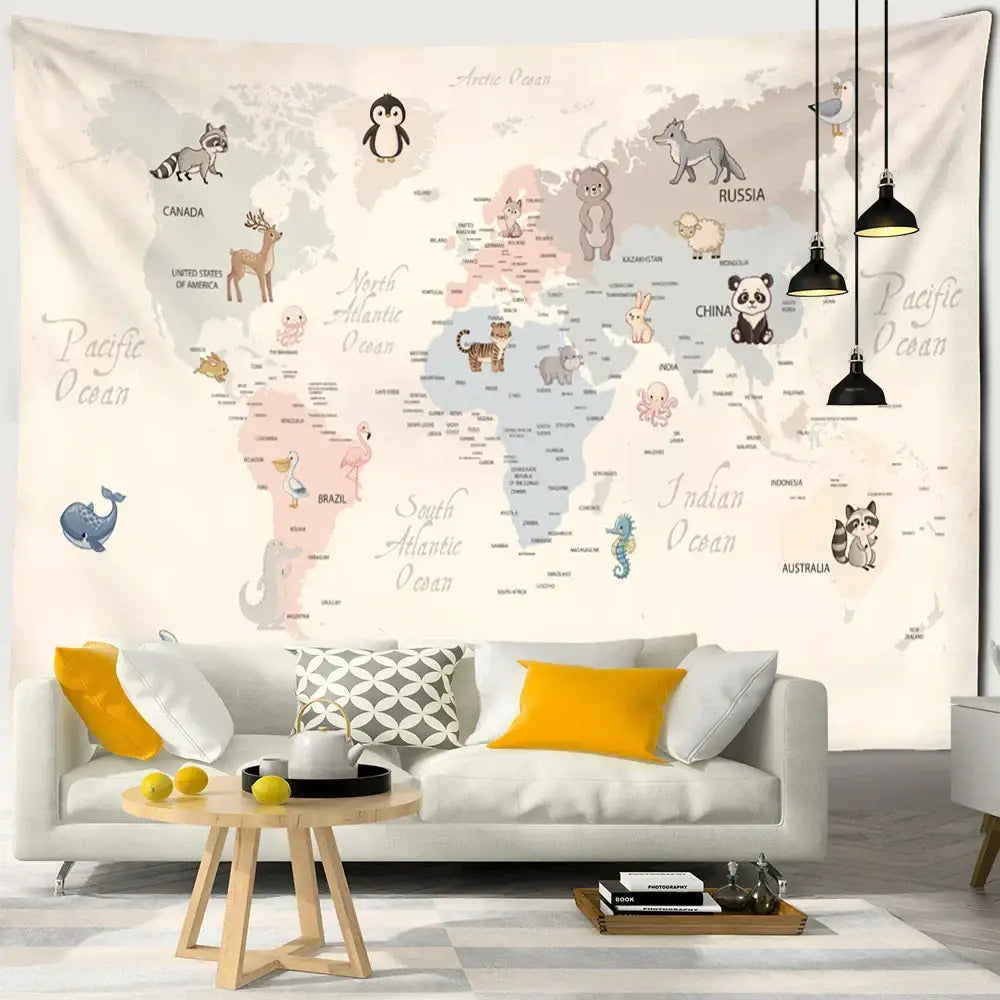 Beige cartoon animals map tapestry with playful animal illustrations and labeled oceans for children’s room decorbites decor