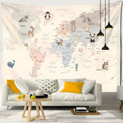 Beige cartoon animals map tapestry with playful animal illustrations and labeled oceans for children’s room decorbites decor