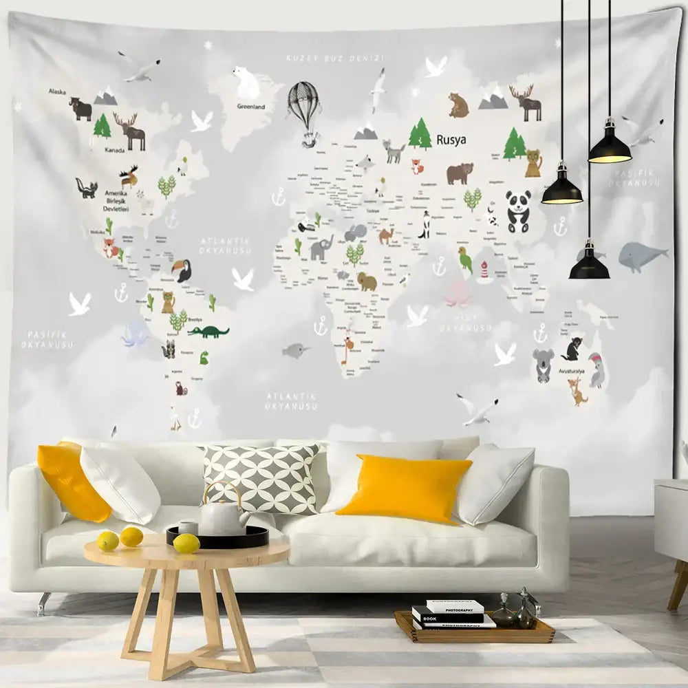 Beige cartoon animals map tapestry with black green brown and gray decorbites cartoon animals for children’s room decor