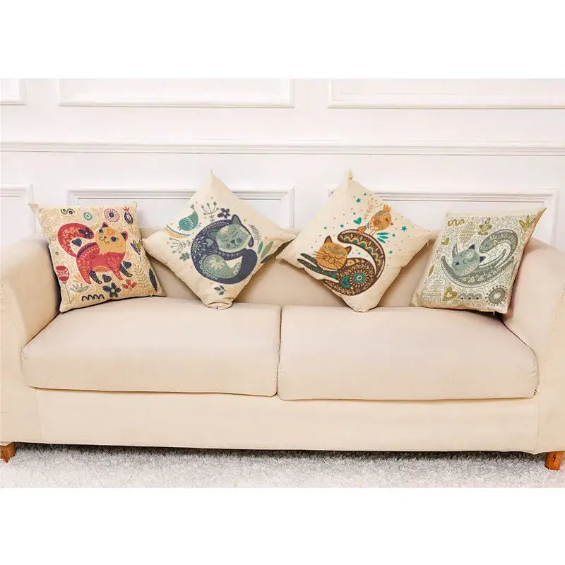 Four decorative beige cartoon cat linen throw pillows with whimsical designs for bedroom decorbites cartoon cat decor