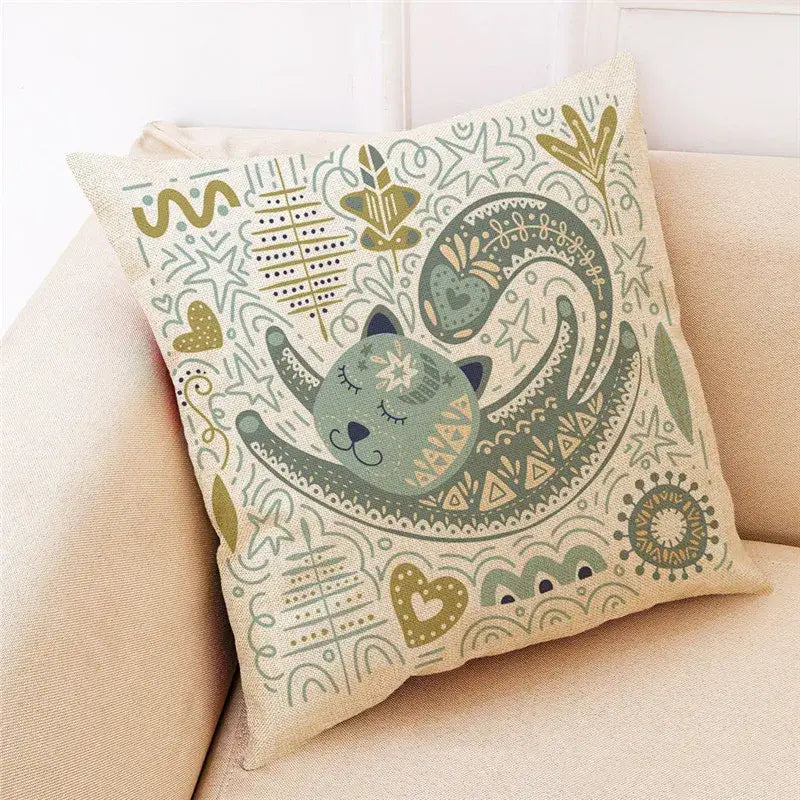 Beige cartoon cat linen throw pillowcase with whimsical green cat and abstract botanical decorbites cartoon cat design