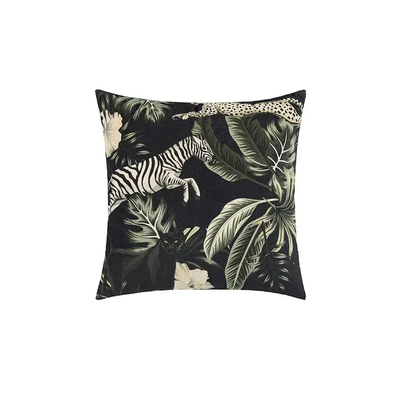 Black velvet cushion cover with bold jungle print featuring zebra cheetah and black panther for decorbites jungle cartoon decor
