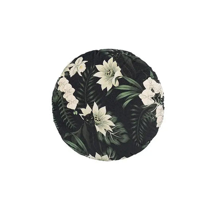 Black circular velvet cushion cover with tropical white orchids and green leaves decorbites jungle cartoon print for living room