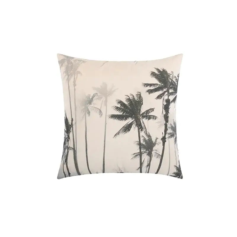 Beige velvet cushion cover with black palm tree cartoon print for decorbites jungle cartoon living room decor