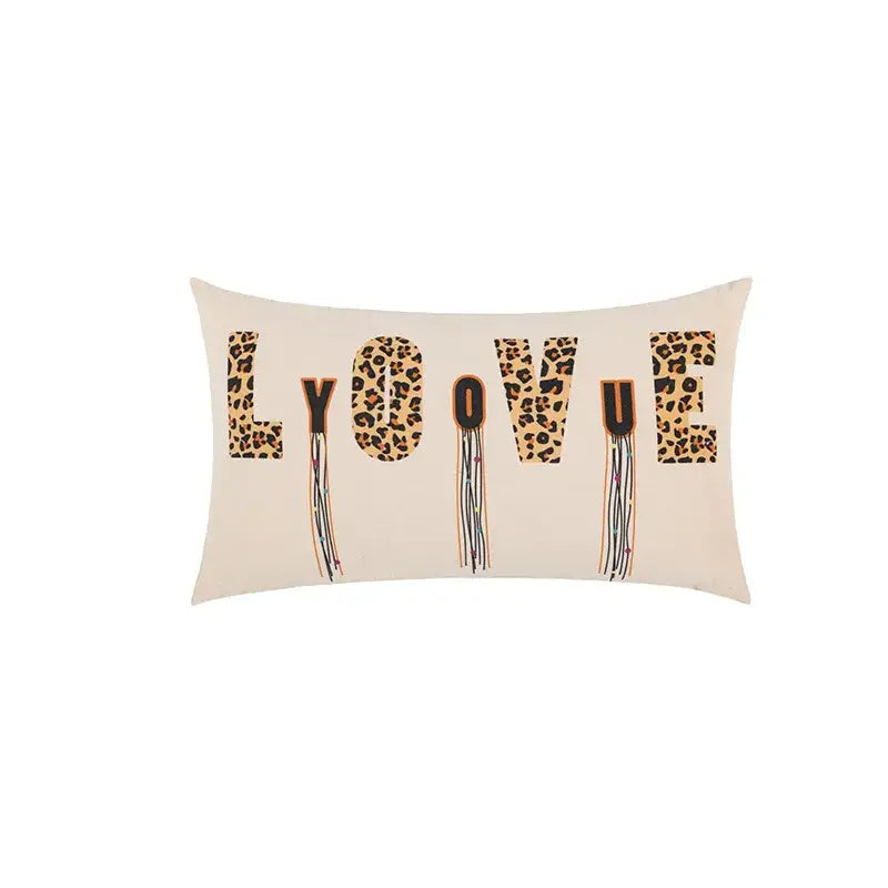 Beige velvet cushion cover with love you leopard print letters and tassels for decorbites jungle cartoon decor
